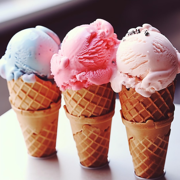 Four ice cream cones are lined up on a table.