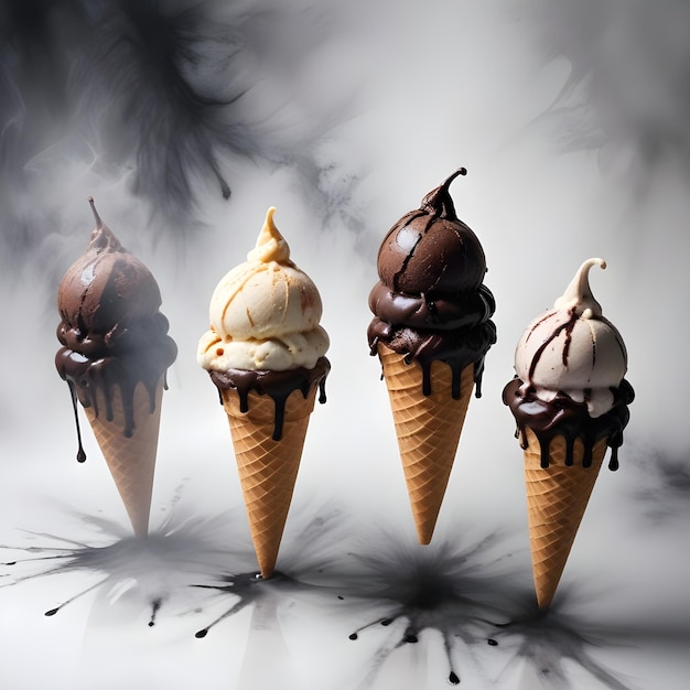 four ice cream cones with chocolate and chocolate on them