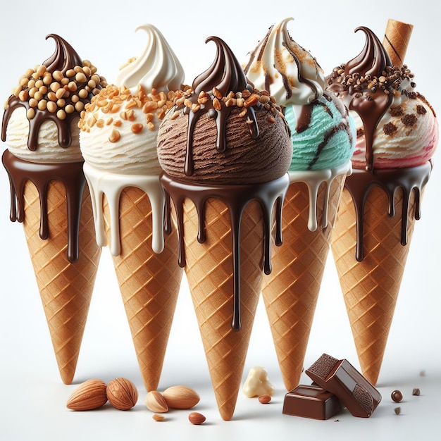 four ice cream cones with chocolate and nuts on them