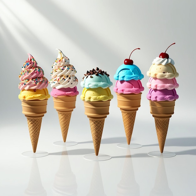 Photo four ice cream cones with one that has a cherry on top