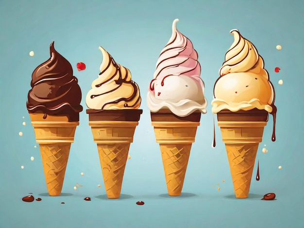 four ice cream cones with one that has ice cream on it