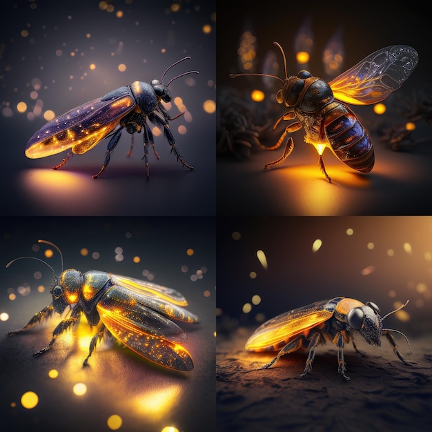 Four illustrations of a bee and a firefly