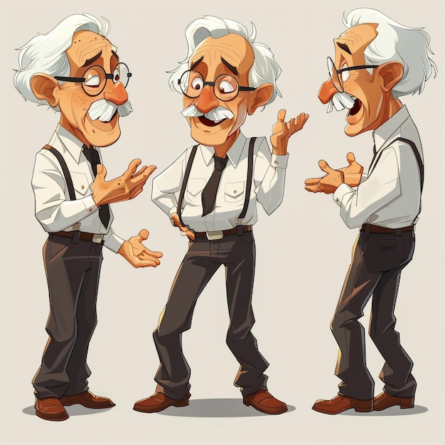 Photo four images of a man with glasses and a tie that says old man