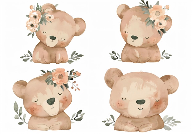 Photo four images of teddy bears with flowers and leaves