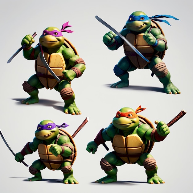 four images of a turtle with a purple hat and a purple bow