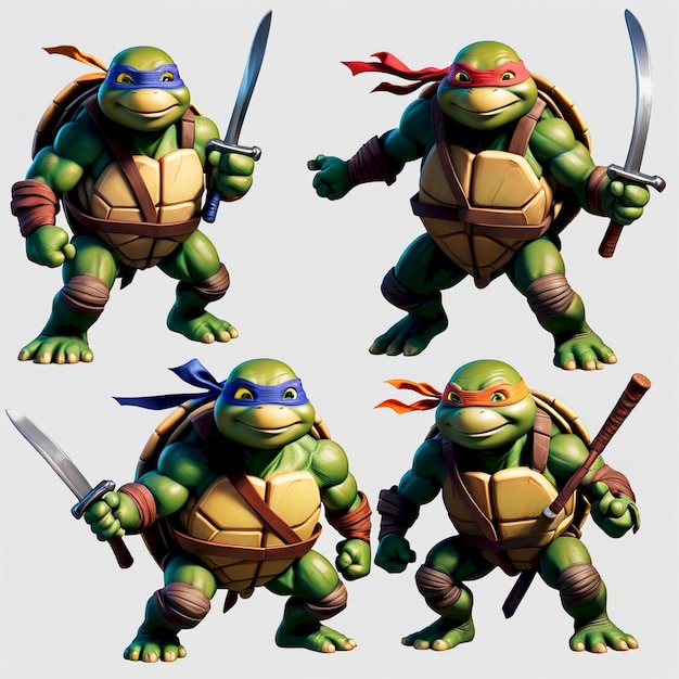 four images of turtles with one wearing a hat and the other with a sword in his hand