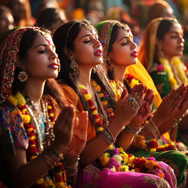 Photo four indian women in traditional clothing praying with their hands clasped together