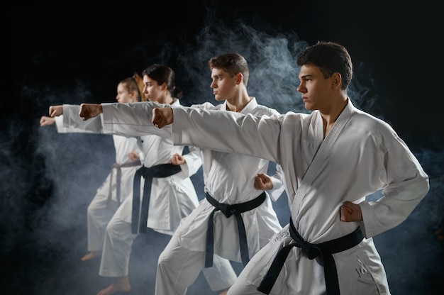 Four karate fighters poses in white kimono, group training. Karatekas on workout, martial arts