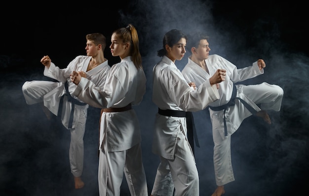 Four karate fighters in white kimono, group training. Karatekas on workout, martial arts, fighting competition