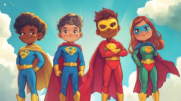 Photo four kids in superhero costumes standing together