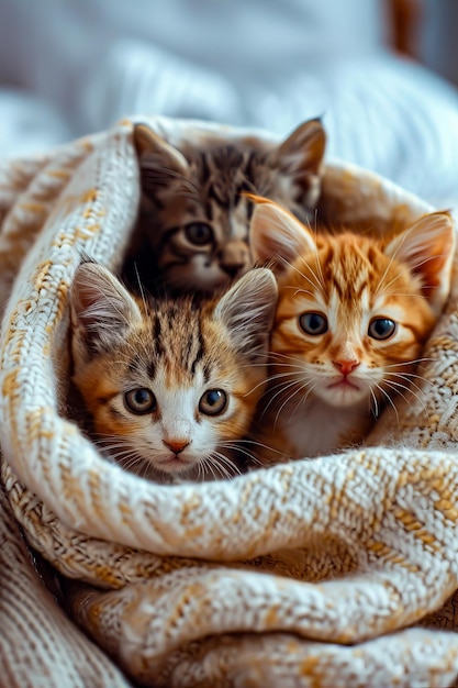 Four kittens are huddled together in blanket with one of them looking directly at the camera