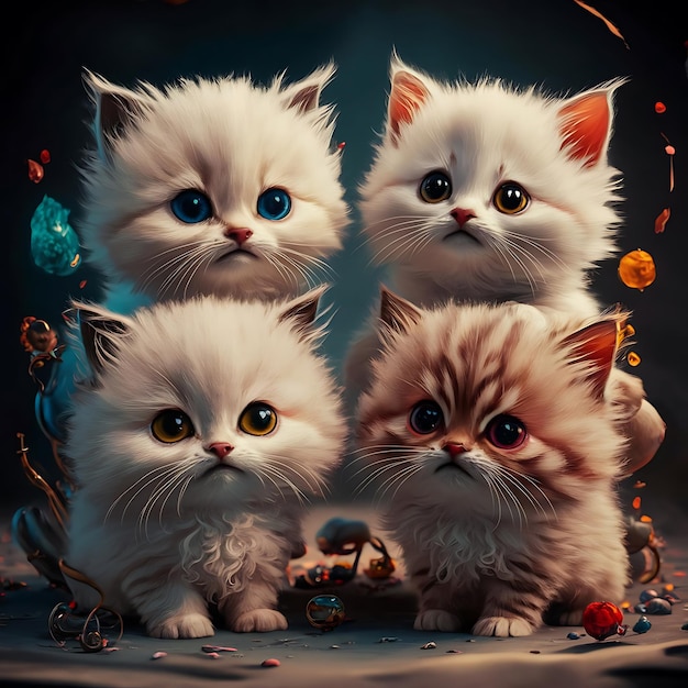 four kittens are posing for a photo