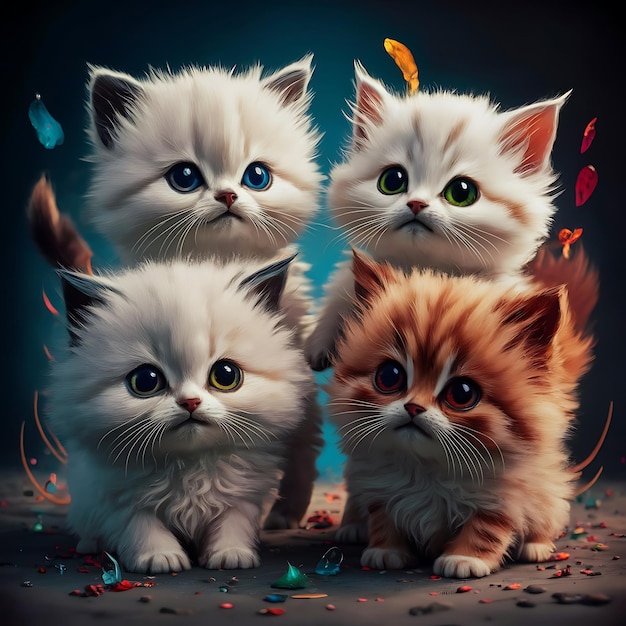 four kittens are sitting together one has a blue background