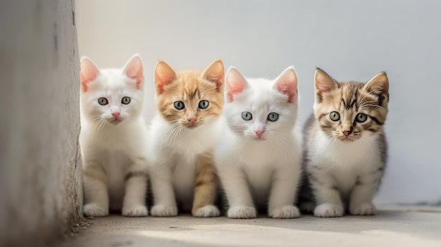 Four kittens sit in a row, one of which is white and the other has blue eyes.