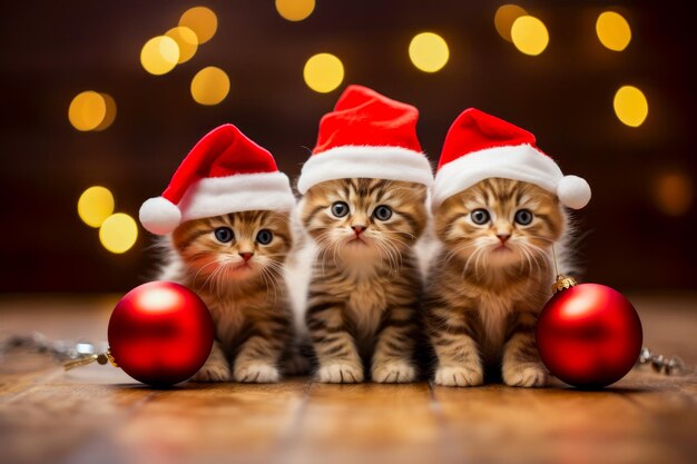 Four kittens wearing Santa hats sit in line