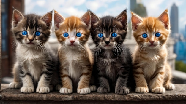 Four kittens with blue eyes sit together on ledge