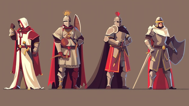 Photo four knights in different armor styles on a brown background