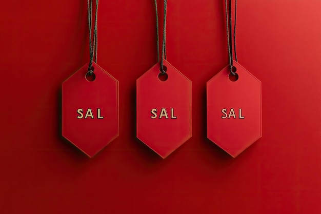 Photo four labels with the words sale on a red background banner poster showcase