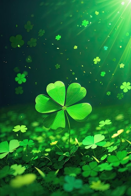 four leaf clover on green shamrock background ai generative