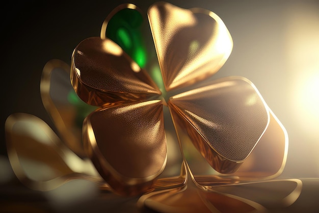 A four leaf clover sits on a table in front of a green light.