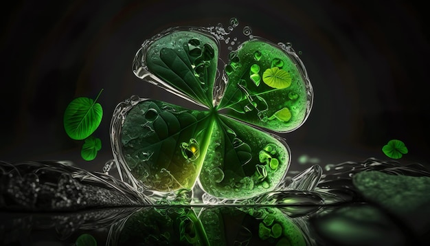 A four leaf clover with water droplets on it