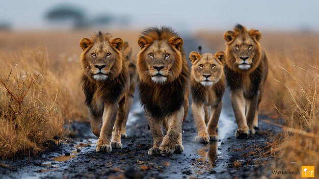 Photo four majestic lions walking towards the camera on a dirt road in the african savanna