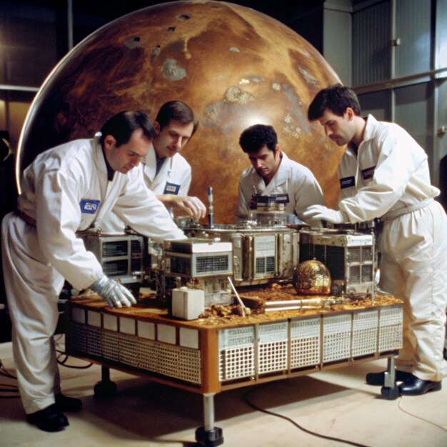 Photo four men are working on a space station with a large planet in the background