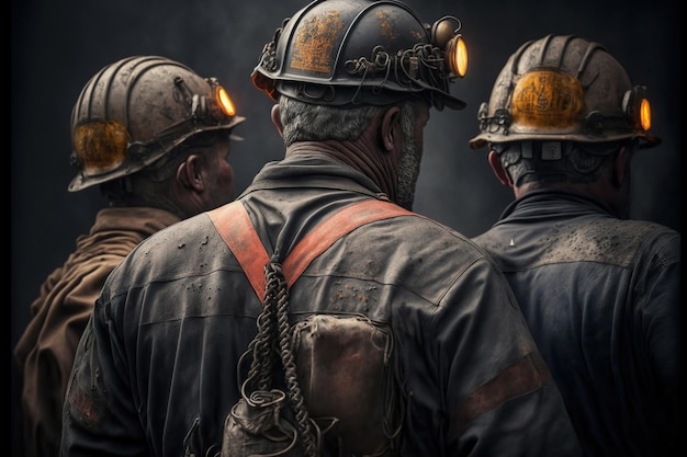 Four men in hard hats stand in a dark room, one of which says'coal '