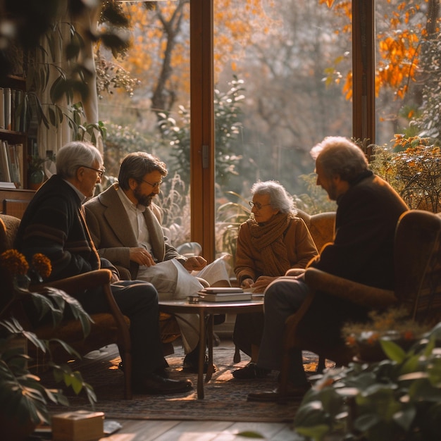 Photo four men sit in a room with a book called the word quot on it