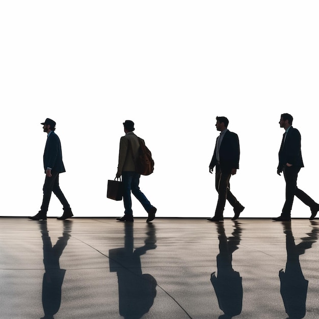 four men walk across a concrete floor with one holding a briefcase