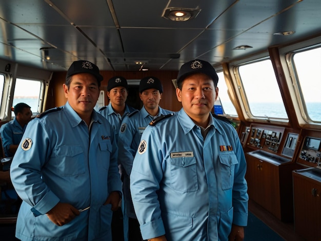 four men wearing blue uniforms with the word quot d quot on them