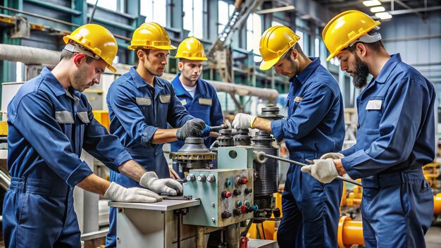 four men wearing yellow hard hats are working on a machine