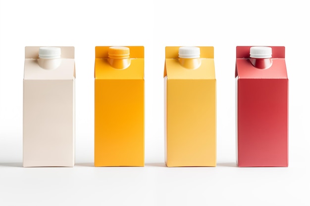 Four milk or juice colorful carton pack on a white background Mock up