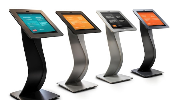 Four modern digital kiosks with different colored bases stand on a white background Each kiosk displays a different screen with text and images