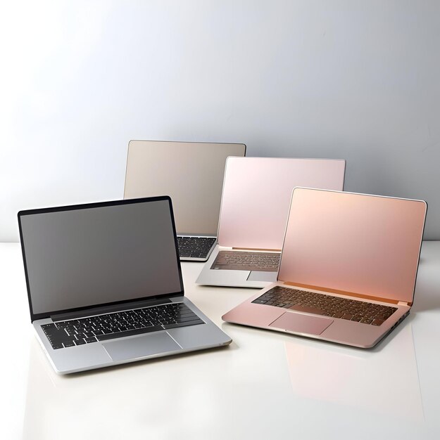 Photo four modern laptops sit neatly arranged on a white surface creating a clean and professional aesthetic