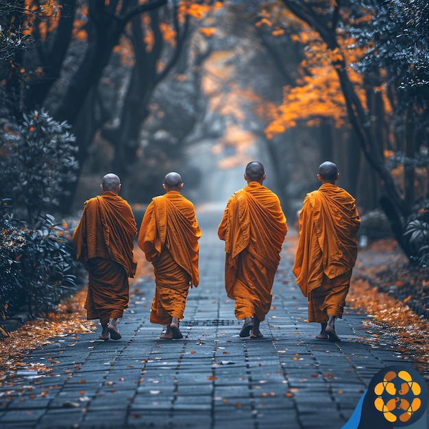 four monks are walking down a path in the forest