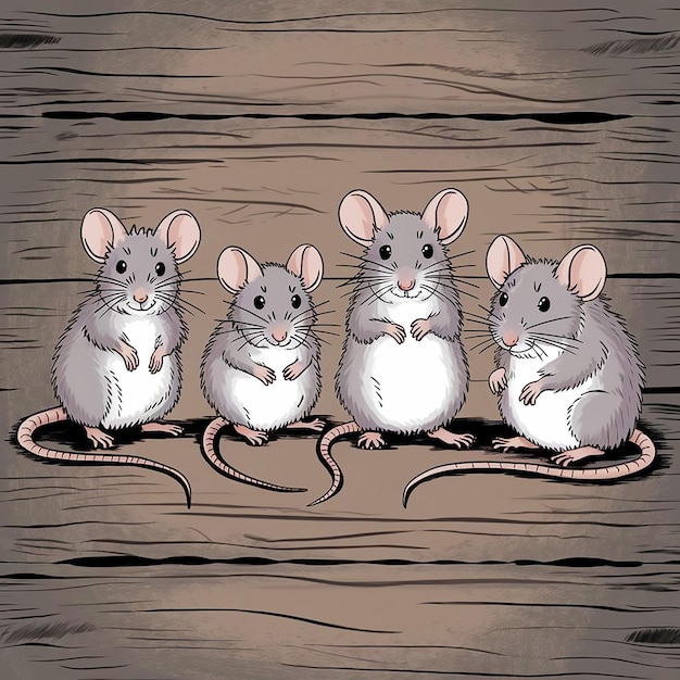 Photo four mouses are lined up on a wood background