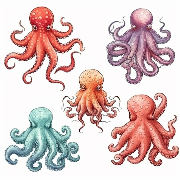 Four octopuses are shown in different colors and sizes generative ai