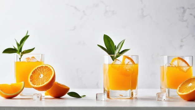 Four Orange Cocktails Garnished with Fresh Slices and Green Leaves Served in Clear Glasses