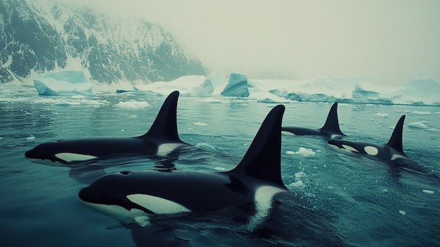 Photo four orcas swimming in icy waters near dramatic mountain landscapes during a chilly day in the arctic region