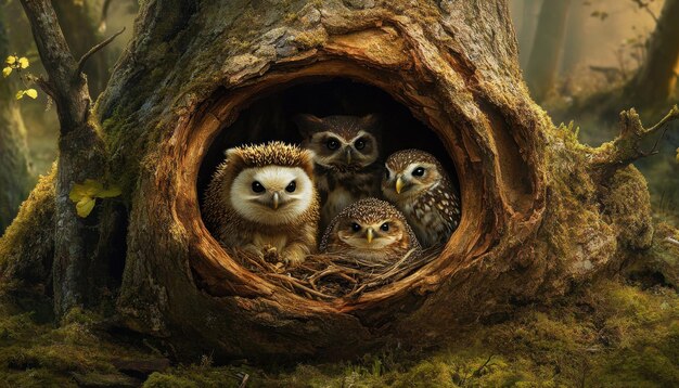 Photo four owls nested together in a tree hollow during early morning light in a forest