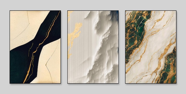 Four paintings with gold and green marbles on them