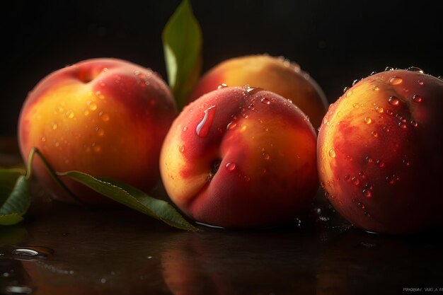 Four peaches on a black table with water drops on them