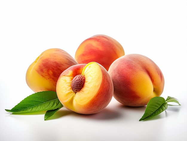 Four peaches with green leaves on a white background