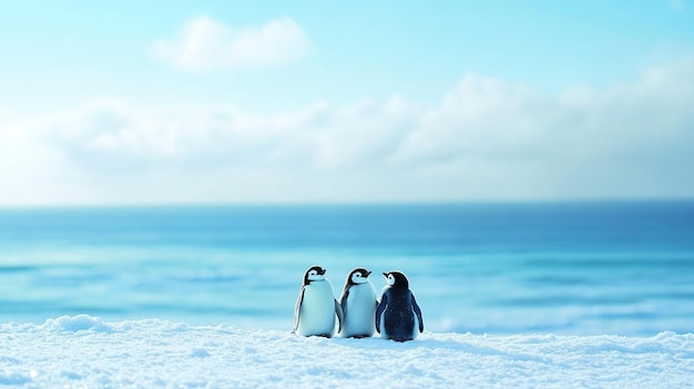 Photo four penguins on snowy terrain with a serene ocean backdrop