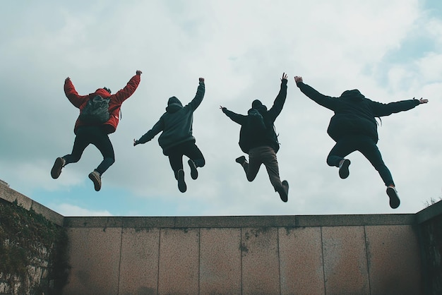 Photo four people are jumping in the air one of which is wearing a red jacket