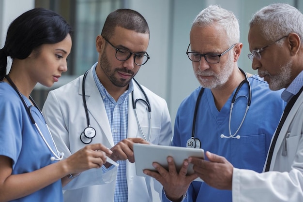 Photo four people are looking at a tablet with the word medical on it