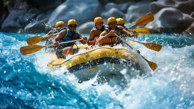 Photo four people are rafting down a river they are all wearing helmets and life jackets and are paddling hard