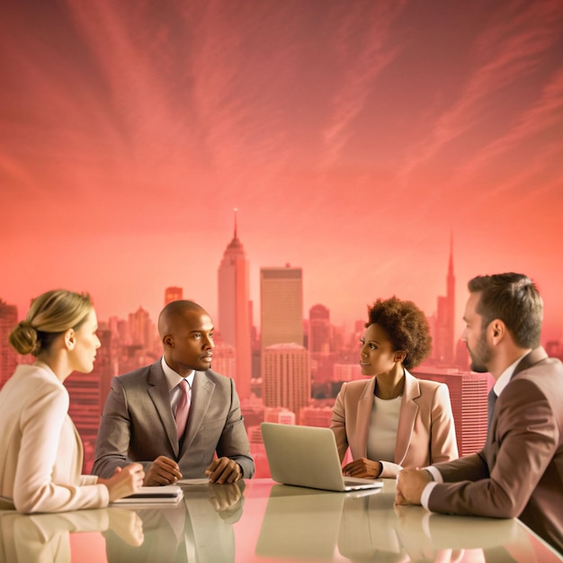 Photo four people are sitting at a table with a laptop and a city skyline in the background