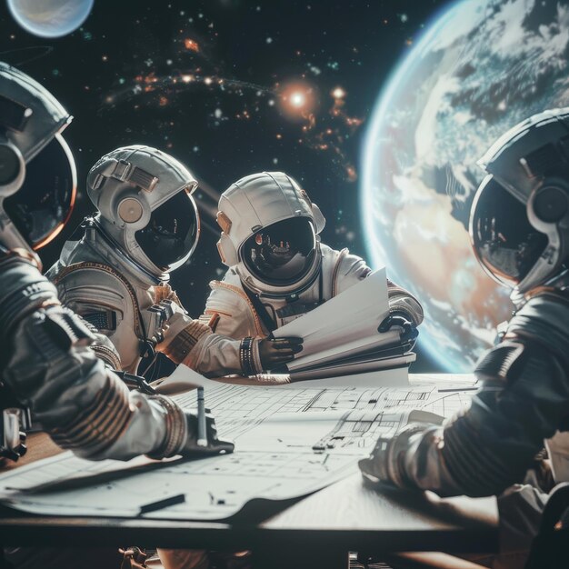 four people are sitting at a table with a space ship in the background